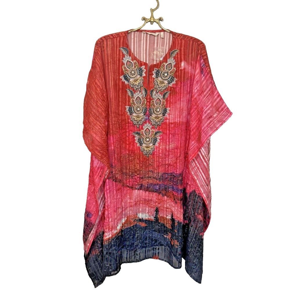 Soft Surroundings Red Metallic Stripe Beaded Floral Kaftan Tunic S/M 2DW59
